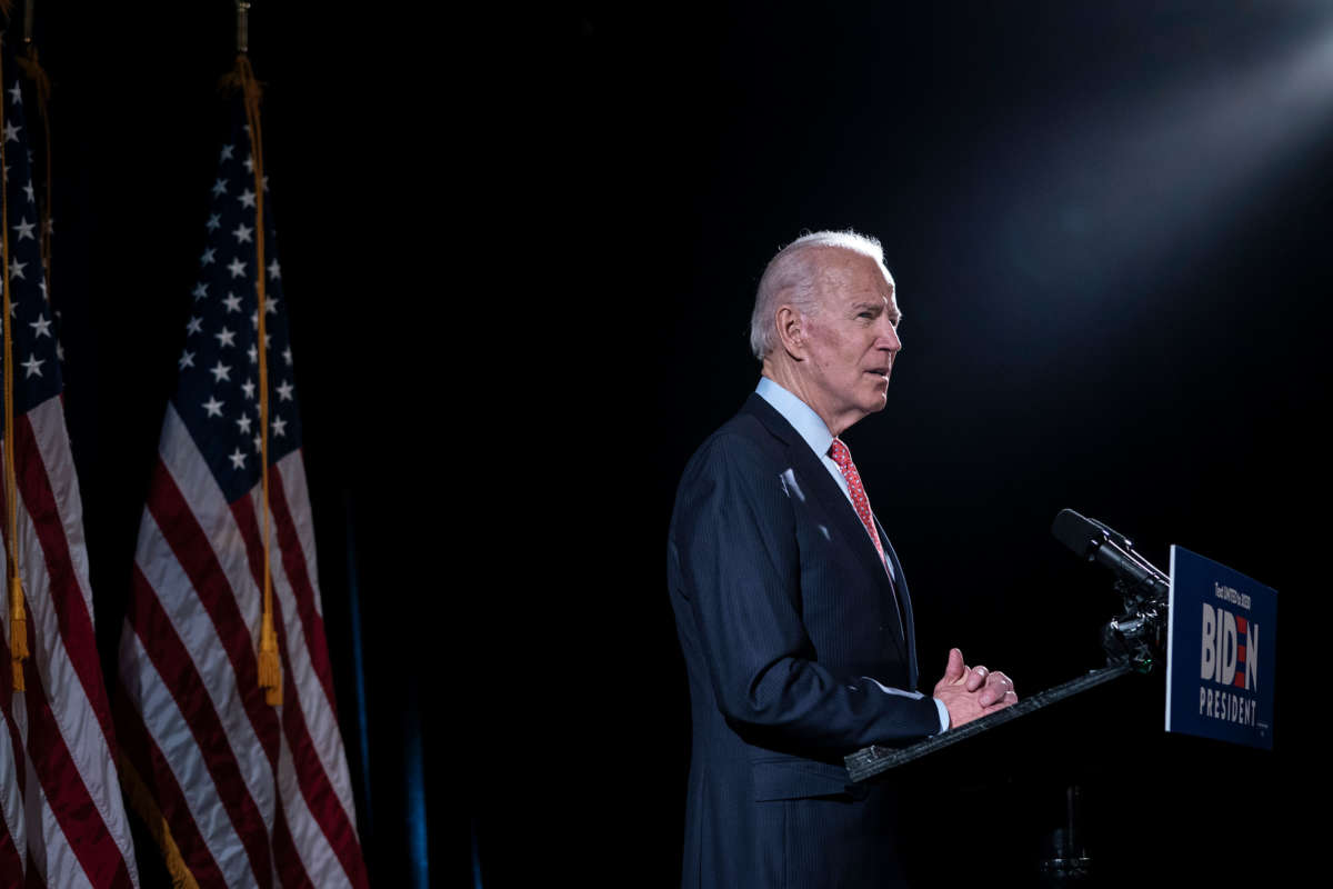Former Vice President Joe Biden delivers remarks about the coronavirus outbreak at the Hotel Du Pont, March 12, 2020, in Wilmington, Delaware.