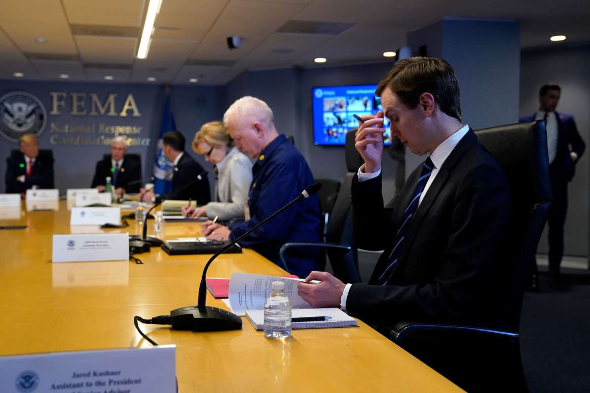 White House adviser Jared Kushner attends a teleconference with governors at the Federal Emergency Management Agency headquarters on March 19, 2020, in Washington, D.C.