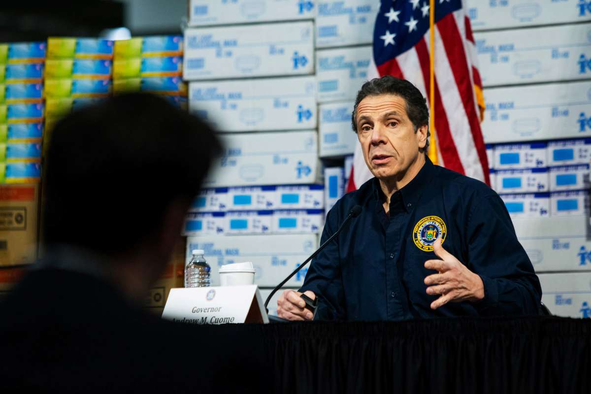 New York Gov. Andrew Cuomo speaks to the media at the Javits Convention Center, which is being turned into a hospital to help fight coronavirus cases, on March 24, 2020, in New York City.