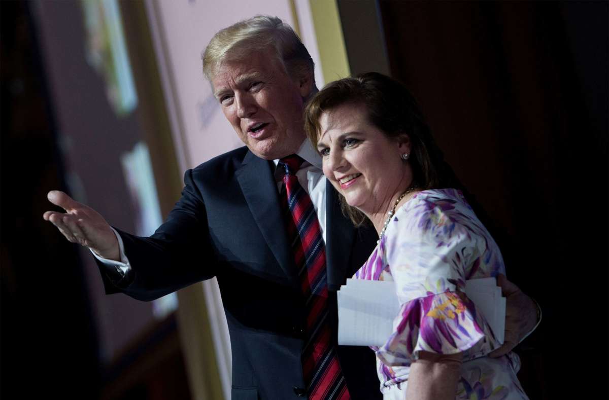 President Trump and Marjorie Dannenfelser, President of Susan B. Anthony List, talk during the Susan B. Anthony List 11th Annual Campaign for Life Gala at the National Building Museum, May 22, 2018, in Washington, D.C.