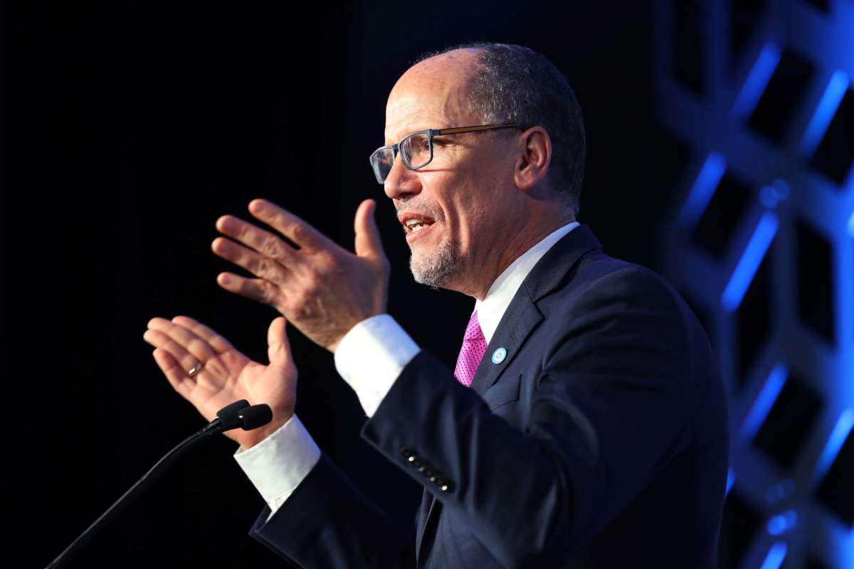 Tom Perez, Democratic National Committee chairman, speaks during the Blue NC Celebration Dinner held at the Hilton Charlotte University Place on February 29, 2020, in Charlotte, North Carolina.