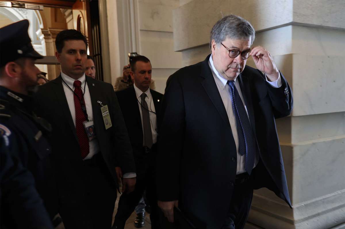 Attorney General William Barr leaves the U.S. Capitol after meeting with members of the Senate Republican caucus, February 25, 2020, in Washington, D.C.