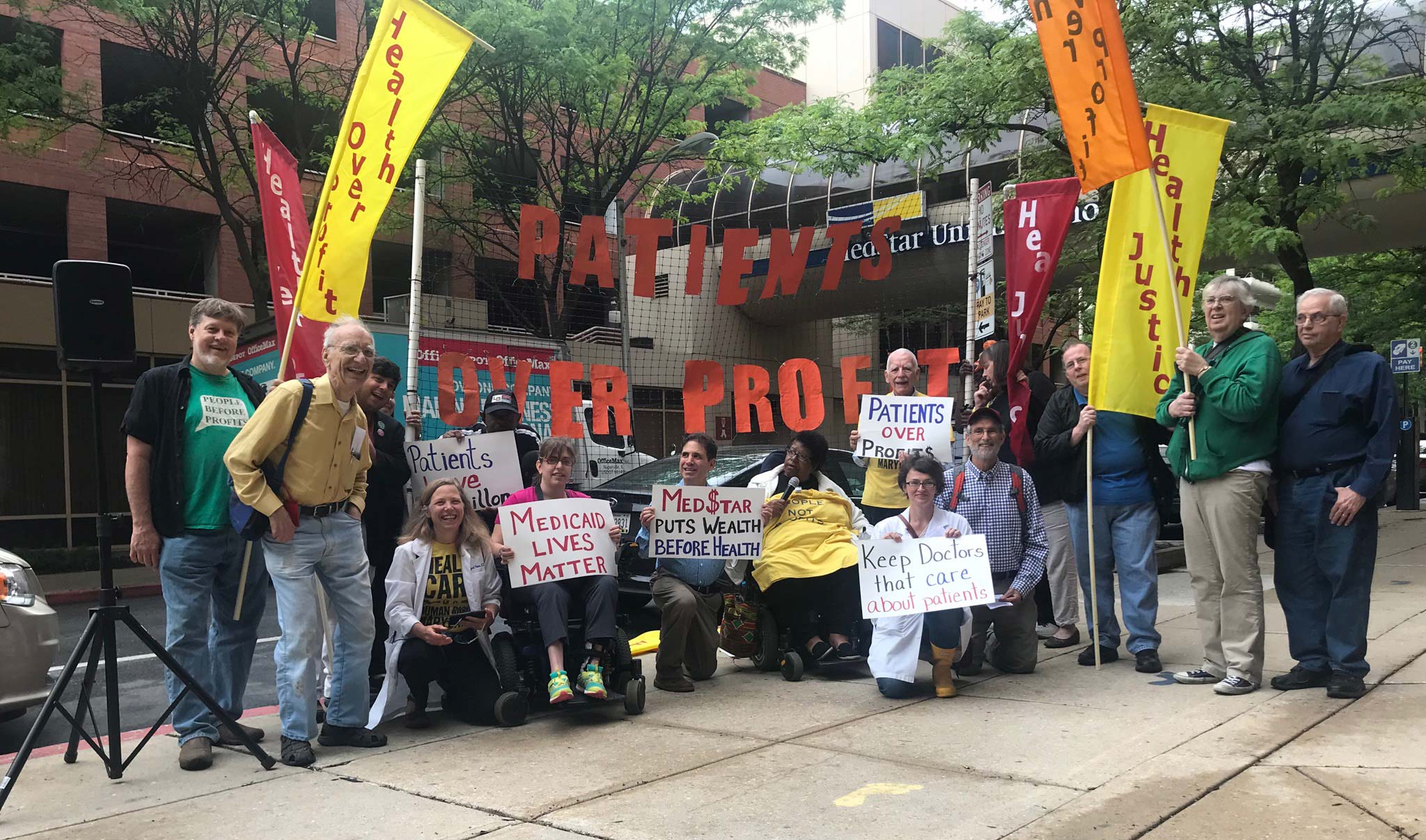 Health care activists, doctors and patients protest outside Union Memorial Hospital, owned by Med Star, in Baltimore, Maryland, on May 10, 2018. Med Star has been closing essential departments where they are not profitable.