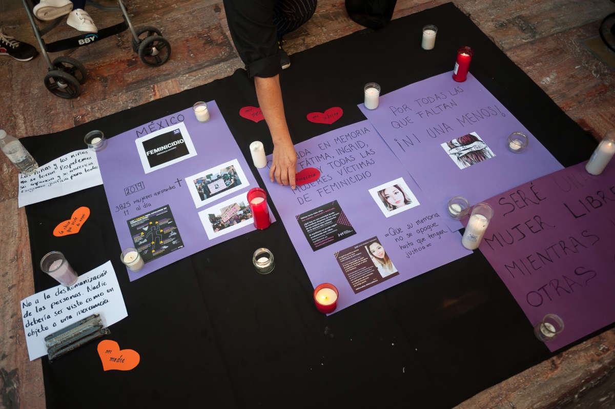 Mexican women living in Spain participate in a protest against the feminicide of 7-year-old Fatima Cecilia Aldrighett in Mexico.