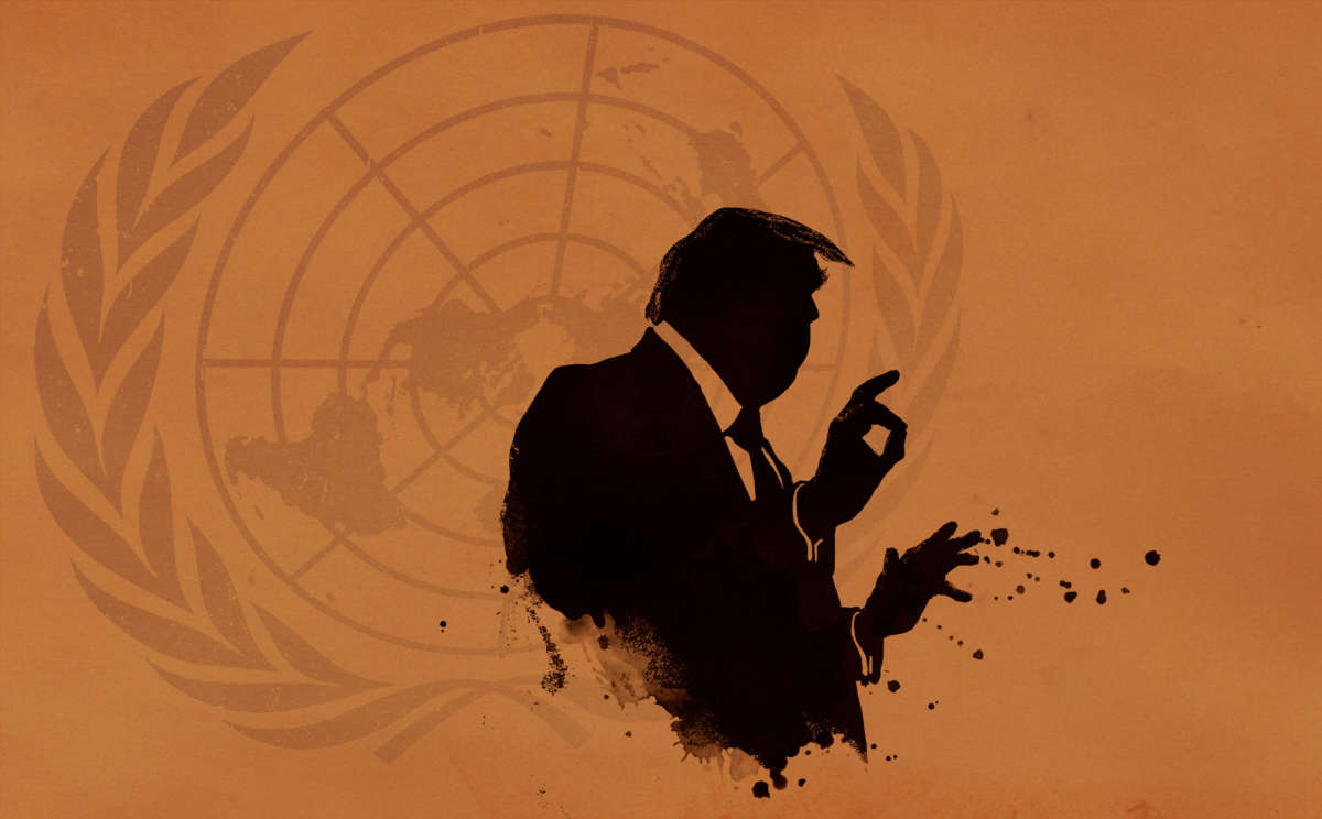 Donald Trump as inkblot silhouette giving pardons with United Nations logo looming behind