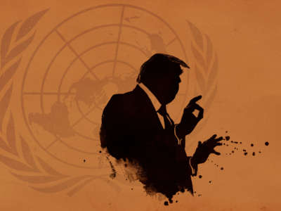 Donald Trump as inkblot silhouette giving pardons with United Nations logo looming behind