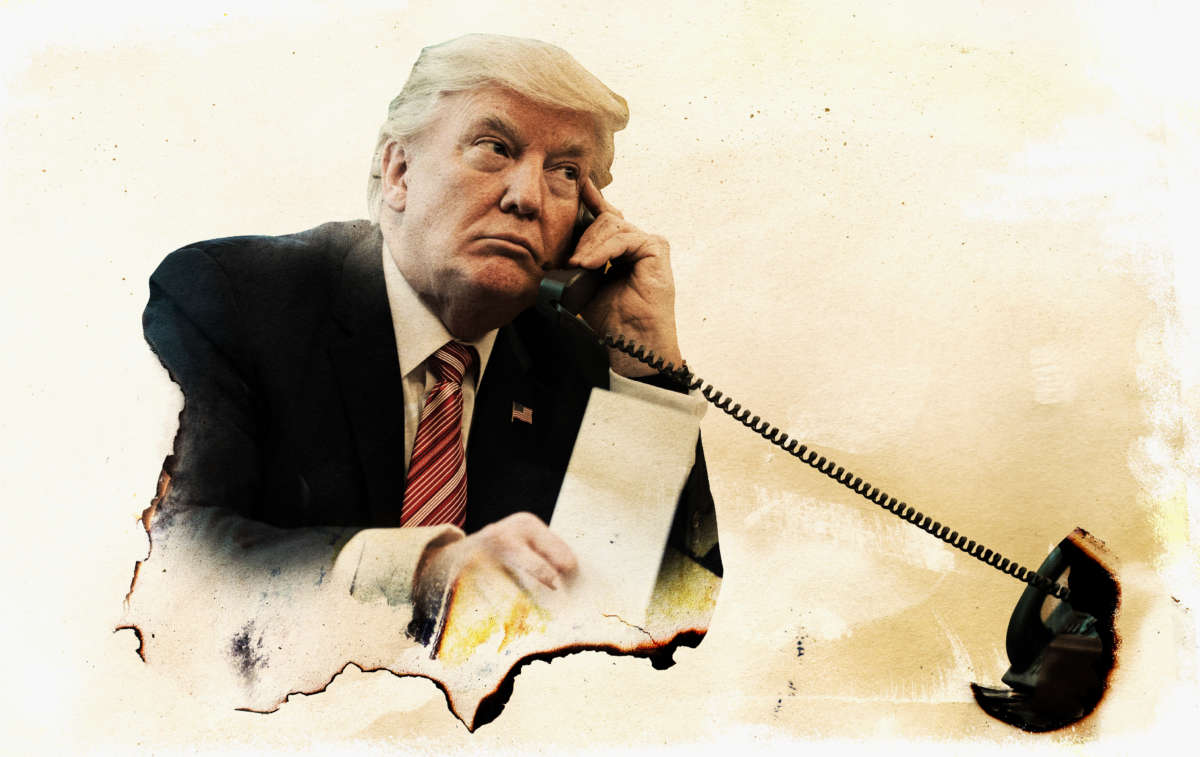 President Donald Trump on phone in burnt collage