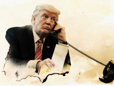 President Donald Trump on phone in burnt collage