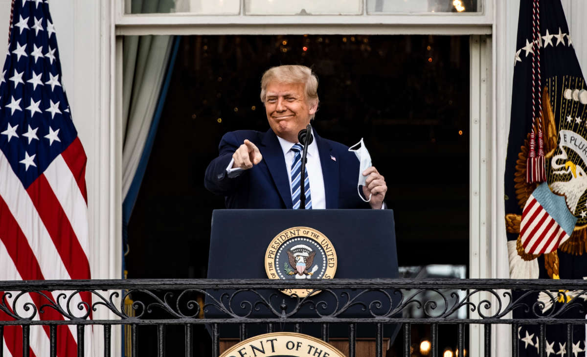 President Trump addresses a rally on the South Lawn of the White House on October 10, 2020, in Washington, D.C. President Trump invited over two thousand guests to hear him speak just a week after he was hospitalized for COVID-19.