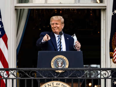 President Trump addresses a rally on the South Lawn of the White House on October 10, 2020, in Washington, D.C. President Trump invited over two thousand guests to hear him speak just a week after he was hospitalized for COVID-19.