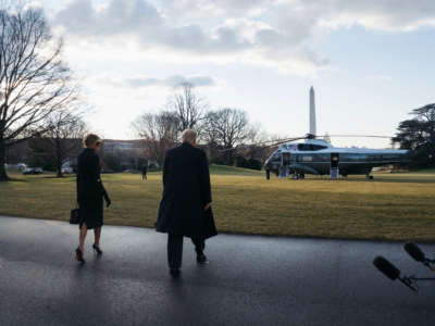 Outgoing President Trump and first lady Melania Trump prepare to depart the White House on Marine One on January 20, 2021, in Washington, D.C.