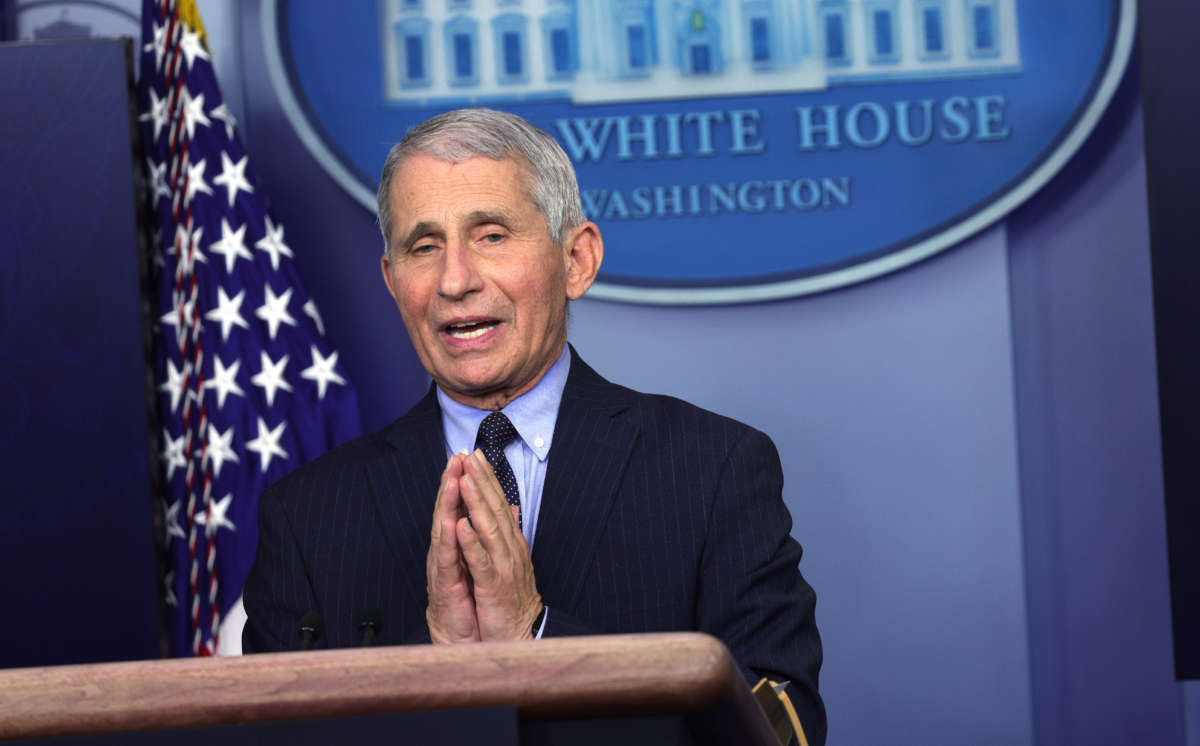 Dr Anthony Fauci, Director of the National Institute of Allergy and Infectious Diseases, speaks during a White House press briefing at the James Brady Press Briefing Room of the White House, January 21, 2021, in Washington, D.C.