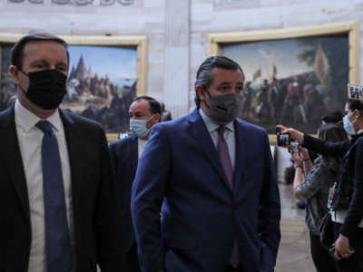 Sen. Ted Cruz walks through the Rotunda headed to the House Chamber at the U.S. Capitol on January 6, 2021, in Washington, D.C.