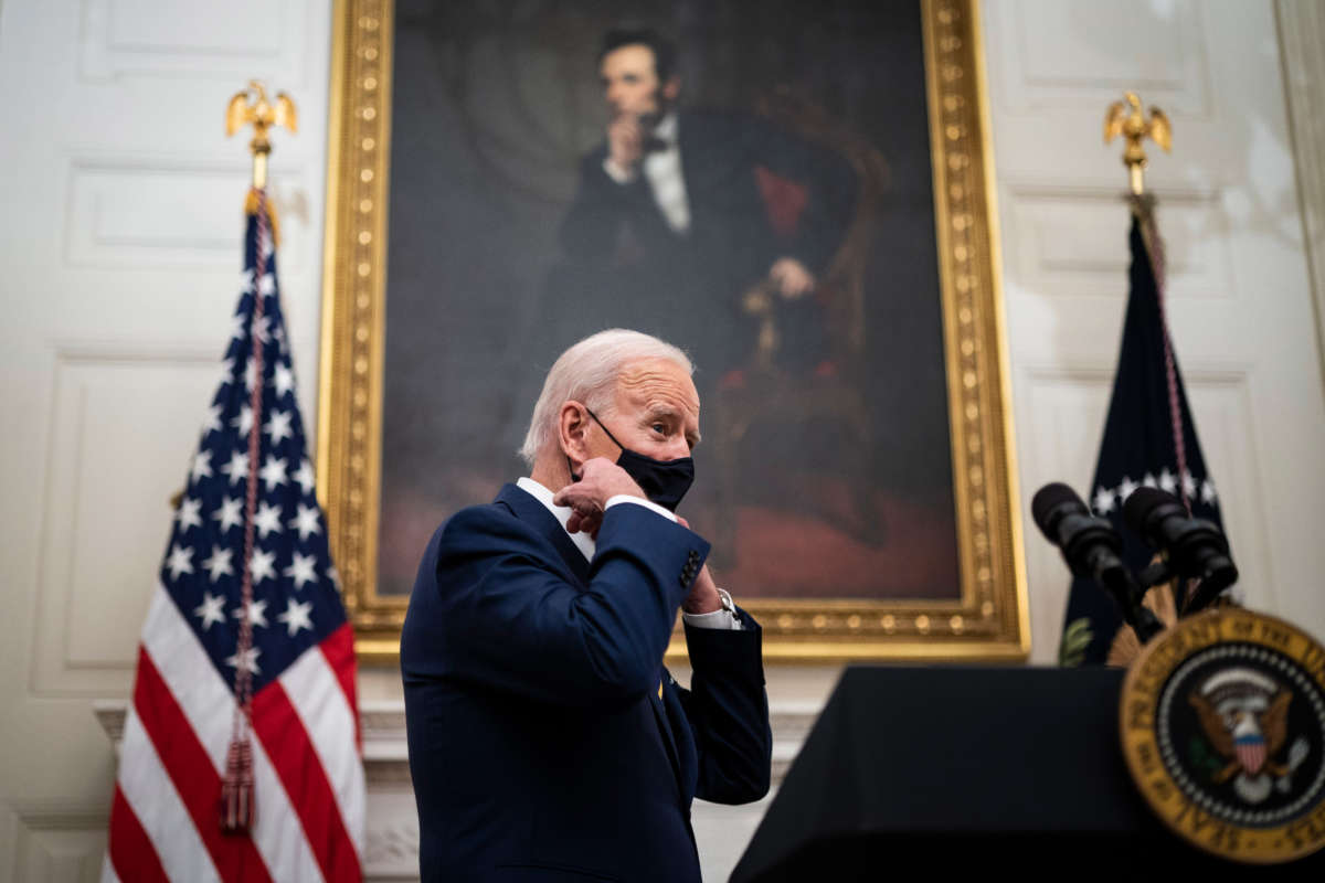 President Joe Biden arrives to speak about the economy before signing executive orders in the State Dining Room at the White House on January 22, 2021, in Washington, D.C.