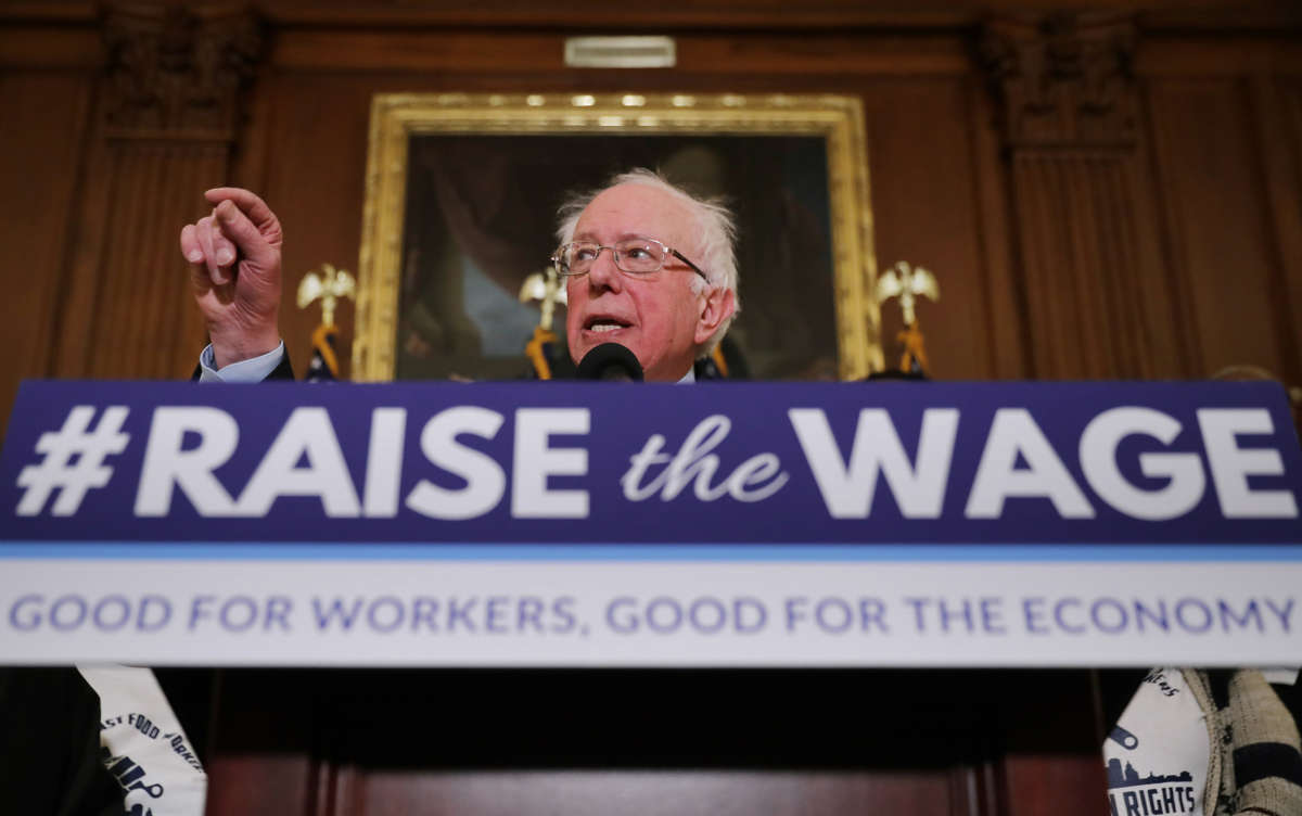 Sen. Bernie Sanders speaks during an event to introduce the Raise The Wage Act in the Rayburn Room at the U.S. Capitol, January 16, 2019, in Washington, D.C.