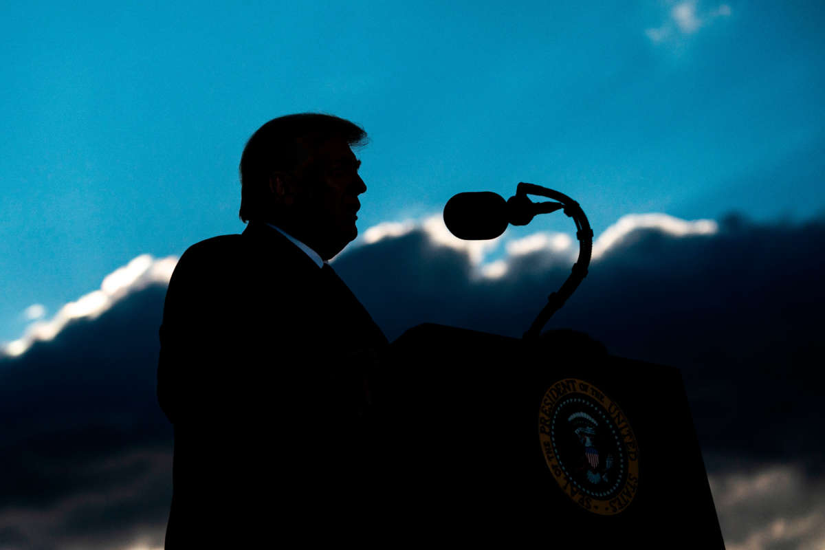 Outgoing President Trump addresses guests at Joint Base Andrews in Maryland on January 20, 2021.