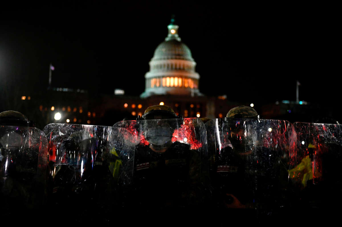 Members of the D.C. National Guard are deployed outside of the U.S. Capitol in Washington D.C. on January 6, 2021.