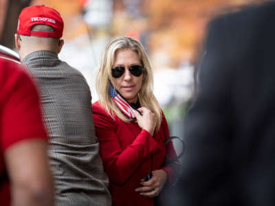 Rep. Marjorie Taylor Greene arrives at the Hyatt Regency for new member orientation in Washington on November 12, 2020.