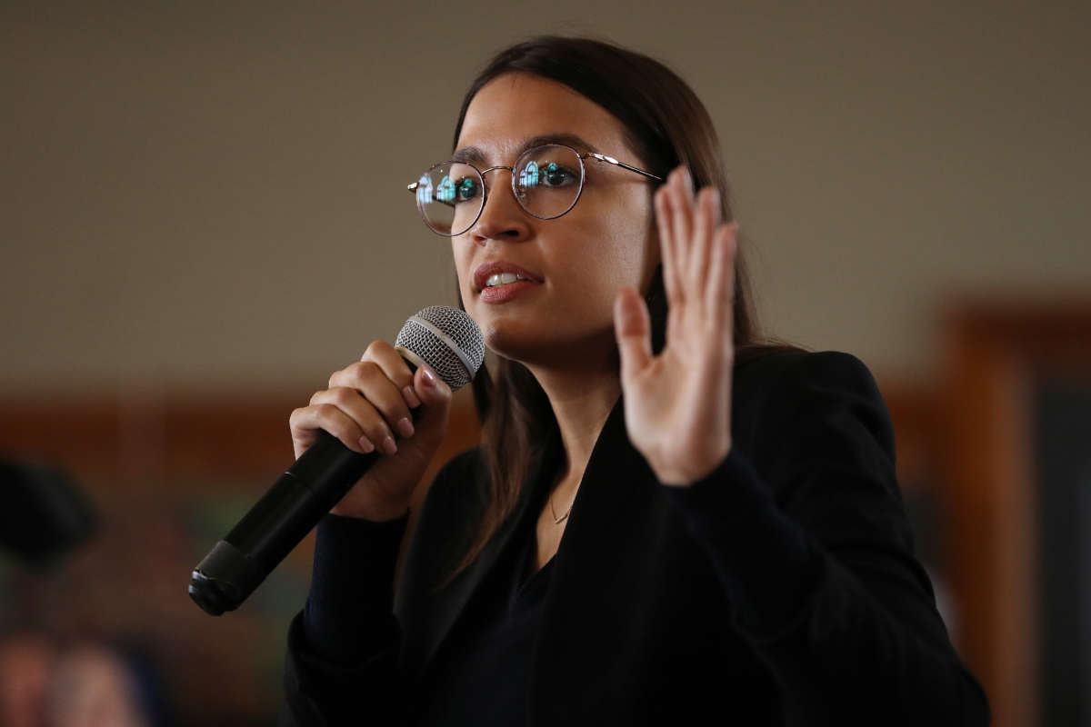 Rep. Alexandria Ocasio-Cortez speaks during a campaign event on January 26, 2020, in Perry, Iowa.