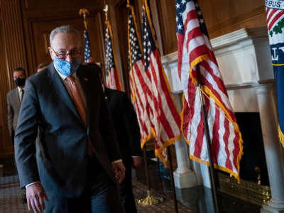 Senate Majority Leader Chuck Schumer speaks to reporters during a brief press availability with new Democratic Senators at the U.S. Capitol on January 21, 2021, in Washington, D.C.