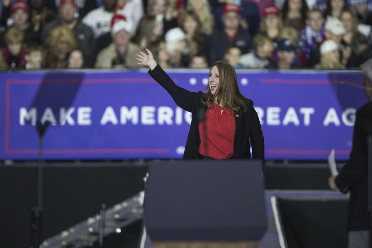 RNC chair Ronna Romney McDaniel waves to the crowd during a Make America Great Again rally at Total Sports Park in Washington Township, Michigan, on April 28, 2018.