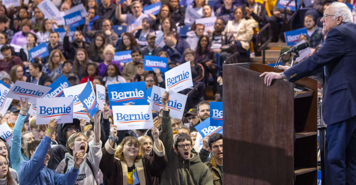 Democratic White House hopeful Vermont Senator Bernie Sanders speaks during a campaign rally at the Virginia Wesleyan University Convocation Hall on February 29, 2020, in Virginia Beach, Virginia.