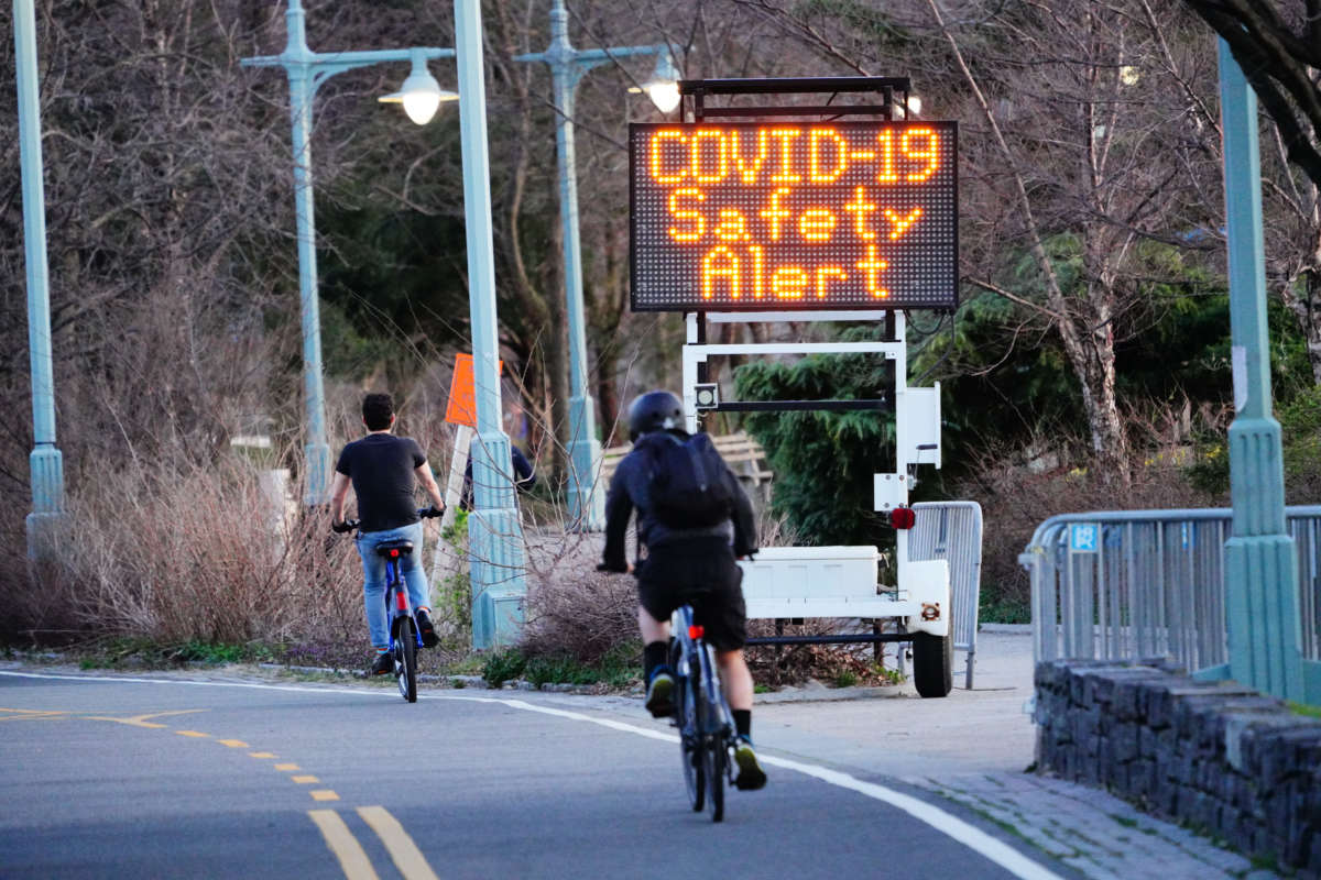 A traffic message board displays a COVID-19 safety alert in New York City on March 27, 2020.