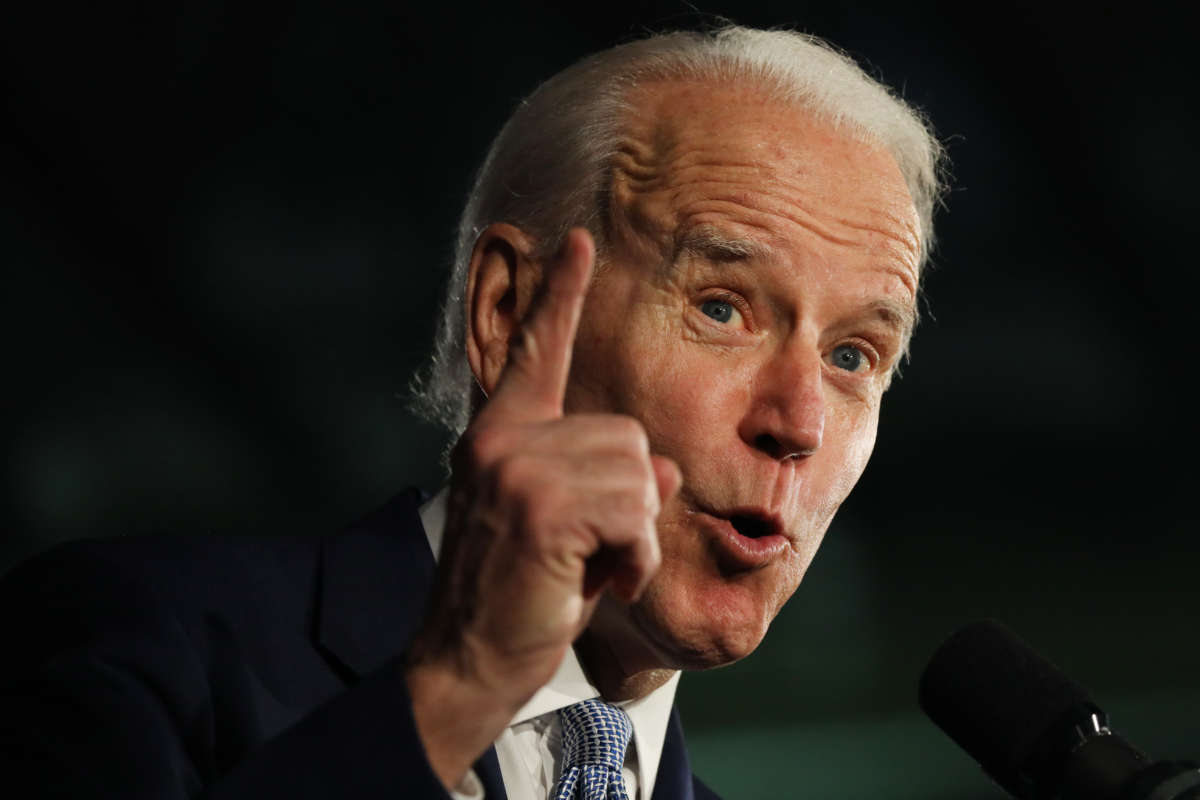 Democratic presidential candidate former Vice President Joe Biden speaks on stage after declaring victory in the South Carolina presidential primary on February 29, 2020, in Columbia, South Carolina.