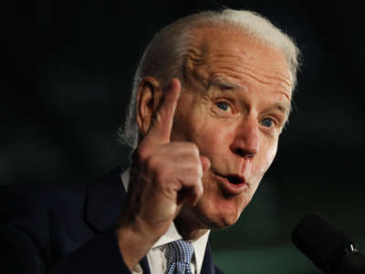 Democratic presidential candidate former Vice President Joe Biden speaks on stage after declaring victory in the South Carolina presidential primary on February 29, 2020, in Columbia, South Carolina.