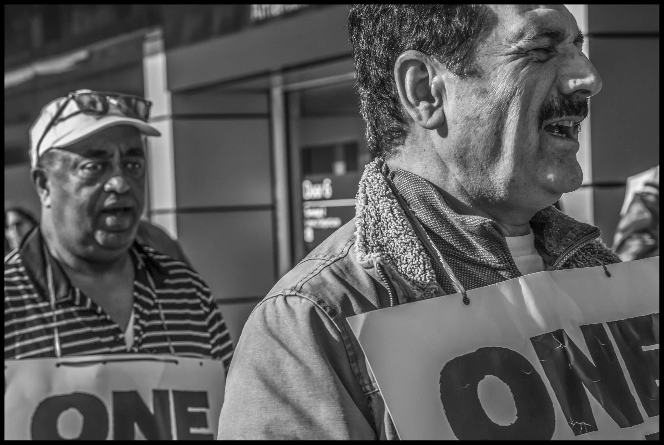 Airline kitchen workers picket at the American Airlines terminal at San Francisco International Airport.