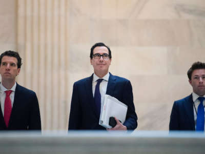 Treasury Secretary Steven Mnuchin arrives to Russell Building for the Senate Republican Policy luncheon to discuss a coronavirus relief package on March 17, 2020.