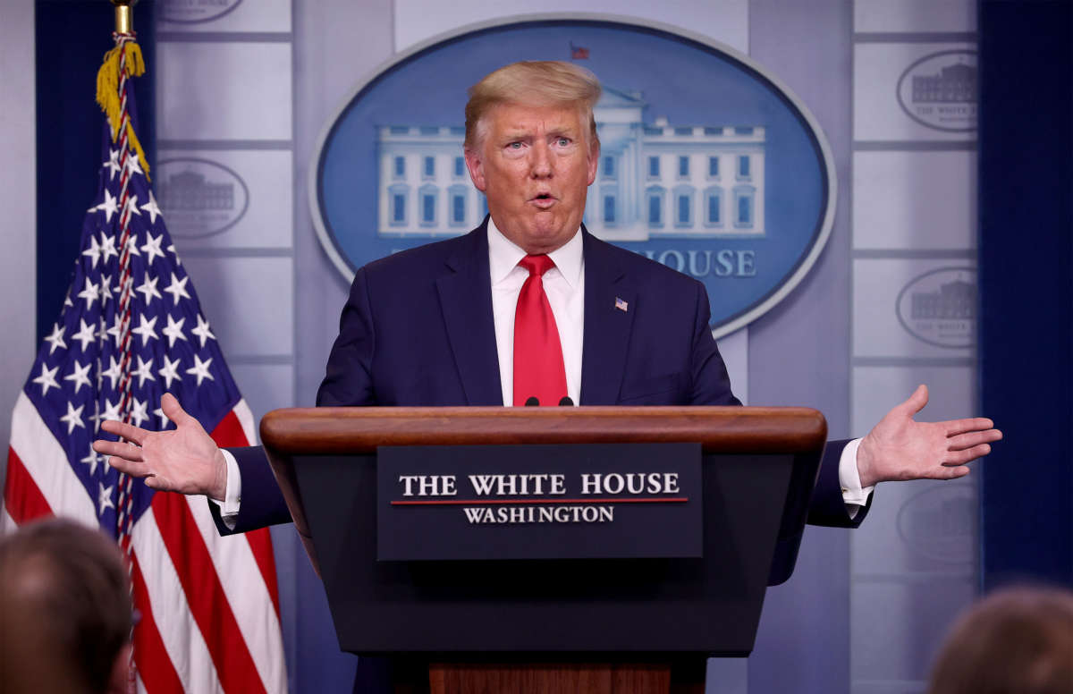 President Trump answers questions in the press briefing room with members of the White House Coronavirus Task Force, April 3, 2020