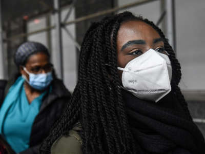 Mt. Sinai medical workers protest the lack of personal protective equipment on April 3, 2020, in New York City.