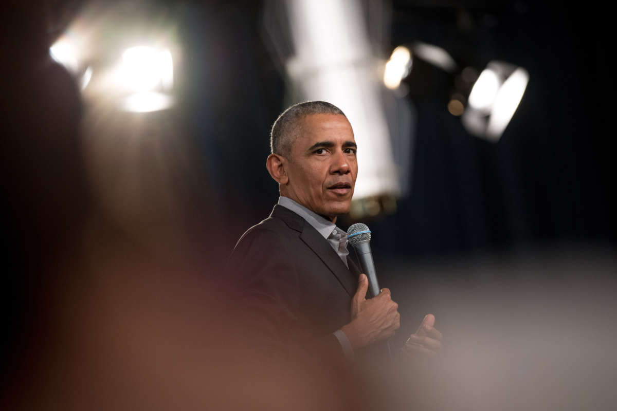 Former President Barack Obama addresses questions from young people at a Town Hall event at the European School of Management and Technology, April 6, 2019.