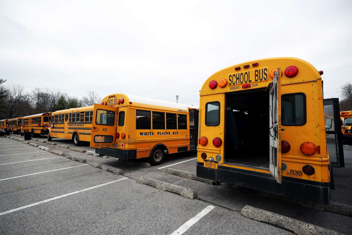 School buses are seen in Westchester County, New York, on March 12, 2020, as several schools closed.