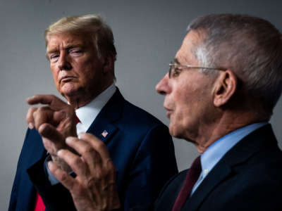 President Trump listens as National Institute for Allergy and Infectious Diseases Director Dr. Anthony Fauci speaks with members of the coronavirus task force during a briefing in response to the COVID-19 pandemic in the James S. Brady Press Briefing Room at the White House on March 31, 2020, in Washington, D.C.