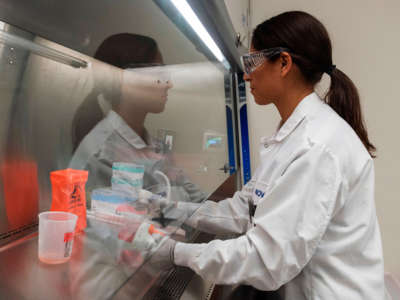Dr. Sonia Macieiewski samples proteins at Novavax labs in Rockville, Maryland, on March 20, 2020, one of the labs developing a vaccine for the coronavirus, COVID-19.