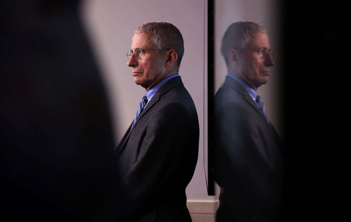 National Institute of Allergy and Infectious Diseases Director Anthony Fauci attends a news briefing following a meeting of the coronavirus task force in the Brady Press Briefing Room at the White House on April 6, 2020, in Washington, D.C.