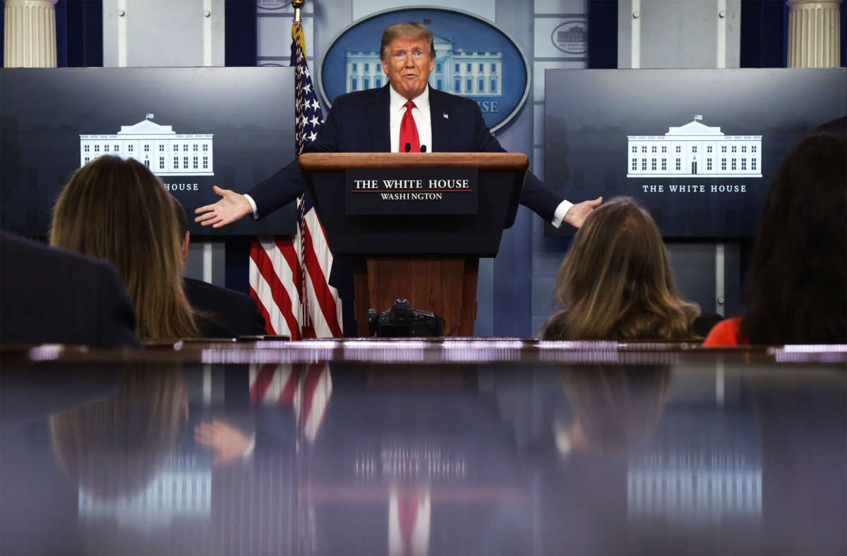 President Trump speaks during the daily briefing of the White House Coronavirus Task Force at the James Brady Press Briefing Room of the White House, April 13, 2020, in Washington, D.C.