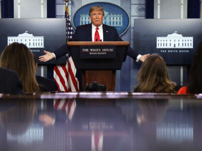 President Trump speaks during the daily briefing of the White House Coronavirus Task Force at the James Brady Press Briefing Room of the White House, April 13, 2020, in Washington, D.C.
