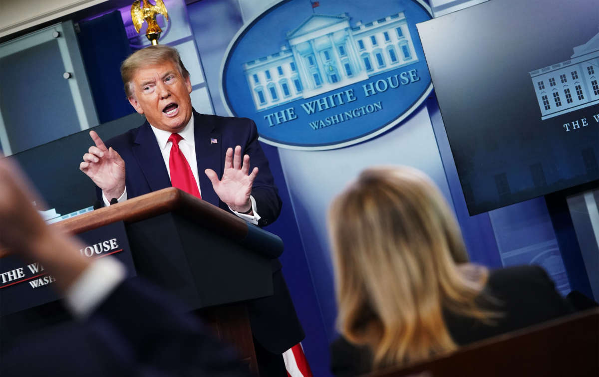 President Trump answers questions from the press during the daily briefing on the novel coronavirus in the Brady Briefing Room at the White House on April 13, 2020, in Washington, D.C.