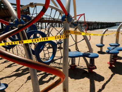 Ventura Promenade Beach Playground is closed as Ventura City has closed its parks, beach and pier as the sunshine and warm temperatures brought people to the beach despite warnings about the COVID-19 pandemic, April 15, 2020, in Ventura, CA.