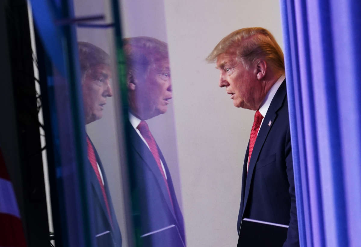 President Trump arrives for the daily briefing on the novel coronavirus in the Brady Briefing Room of the White House on April 16, 2020, in Washington, D.C.