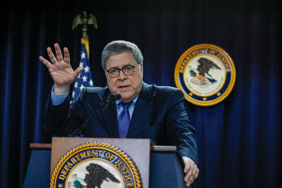 Attorney General William Barr speaks in Detroit, Michigan, on December 18, 2019.