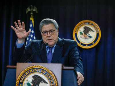 Attorney General William Barr speaks in Detroit, Michigan, on December 18, 2019.