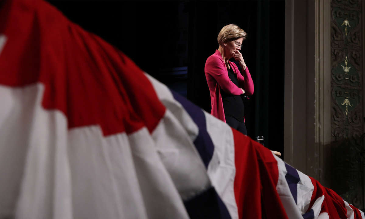Sen. Elizabeth Warren pauses while listening to a question from an audience member during a campaign event at The Colonial Theatre, February 4, 2020, in Keene, New Hampshire.