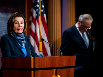 Speaker of the House Nancy Pelosi and Senate Minority Leader Chuck Schumer hold a socially distanced press conference in the Capitol after the Senate passed coronavirus relief during a pro forma session on Tuesday, April 21, 2020.