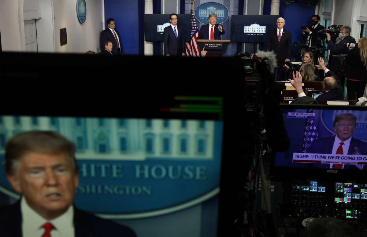 President Trump speaks during the daily briefing of the White House Coronavirus Task Force at the James Brady Press Briefing Room of the White House, April 13, 2020, in Washington, D.C.