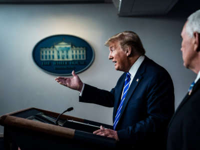 President Trump speaks with Vice President Pence and members of the coronavirus task force during a briefing in response to the COVID-19 coronavirus pandemic in the James S. Brady Press Briefing Room at the White House on April 23, 2020, in Washington, D.C.