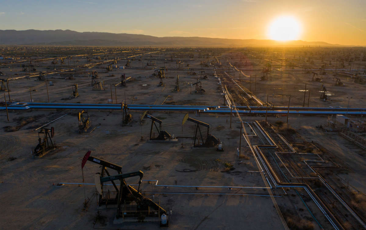 An aerial view shows pumpjacks in the South Belridge Oil Field as oil prices have cratered with the spread of the coronavirus pandemic on April 24, 2020, near McKittrick, California.
